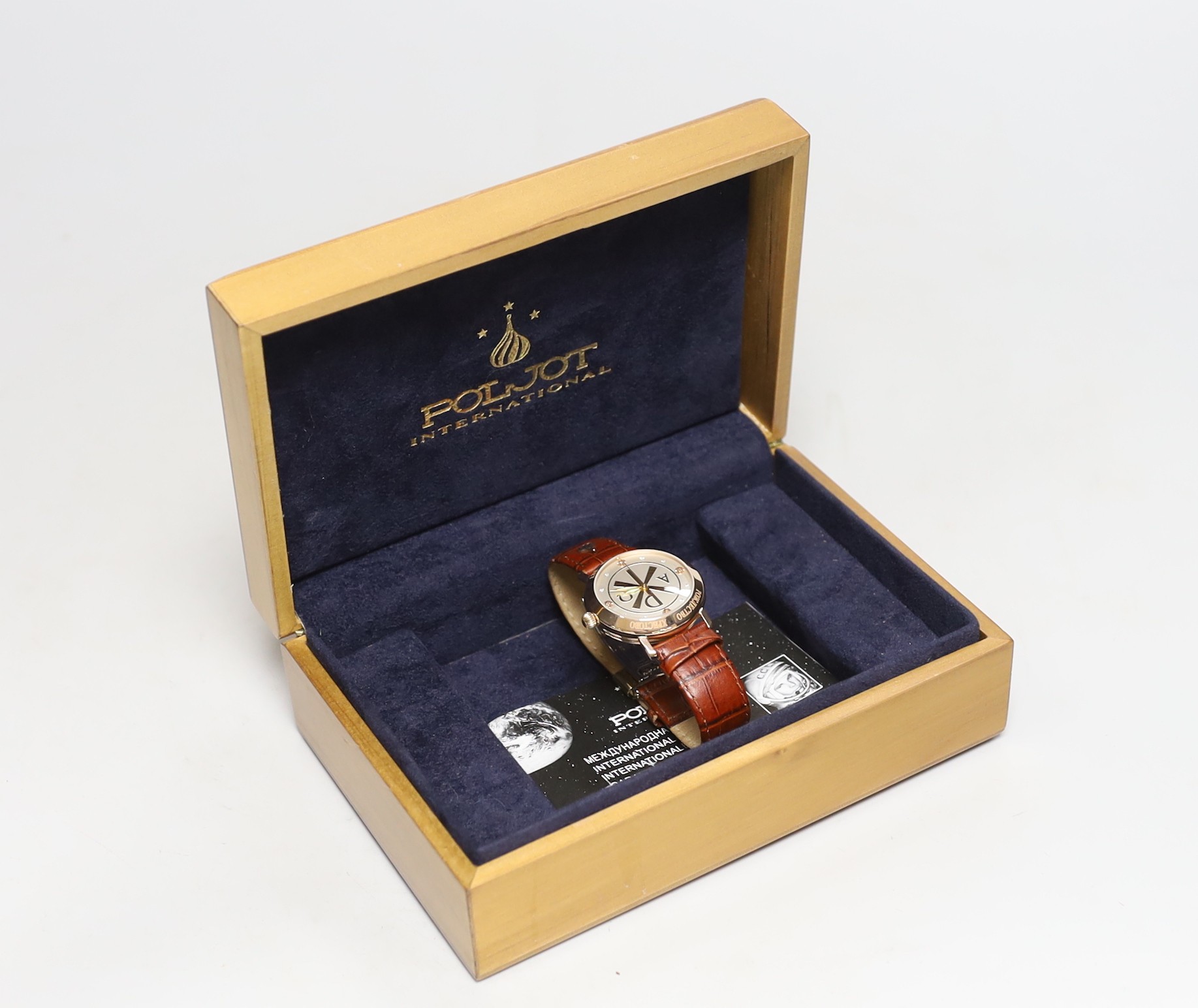 A gentleman's modern 585 yellow metal Poljot International automatic wrist watch, with diamond chip set numerals, on leather strap with deployment clasp, with box